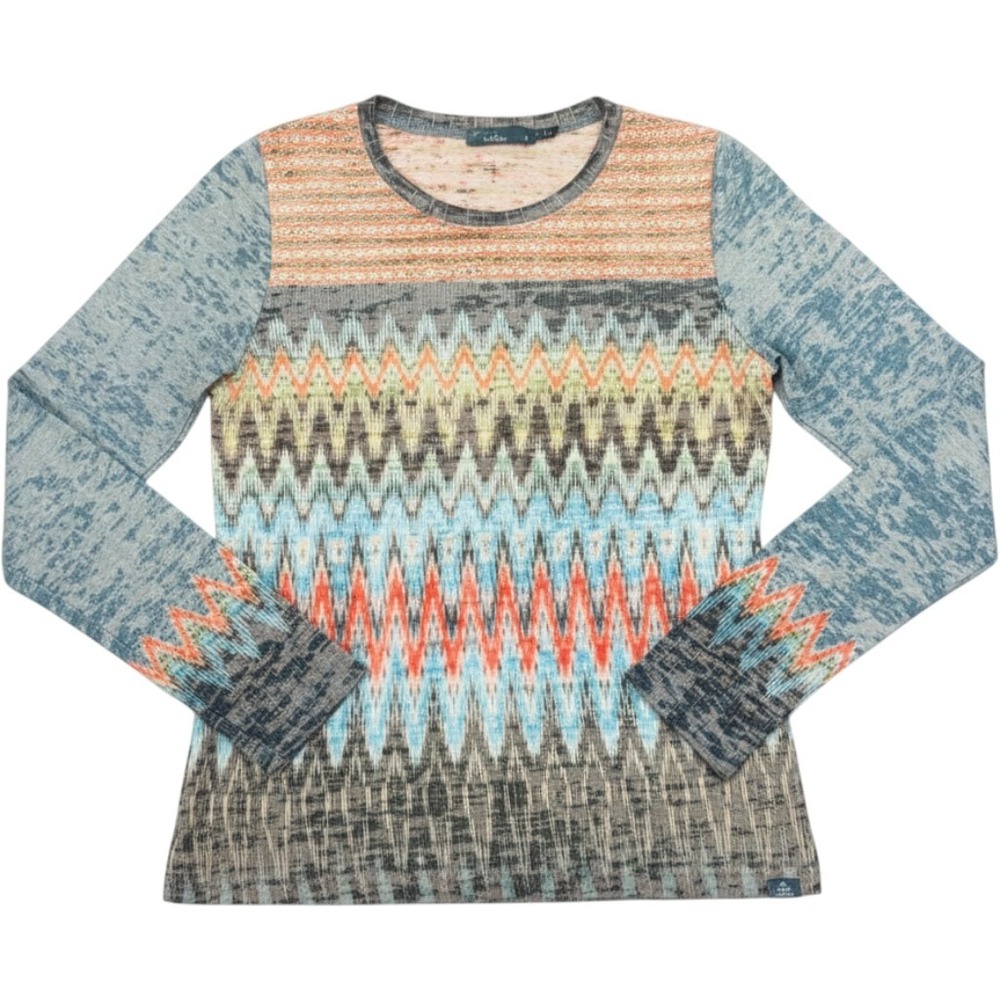Prana Womens Medium Long Sleeve Top Multi-Color Chevron Ikat Crew Neck USA Made